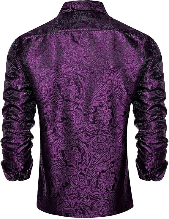 Men's Silk Paisley Dress Shirts,Black Purple Paisley