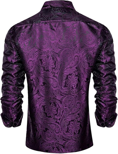 Men's Silk Paisley Dress Shirts,Black Purple Paisley