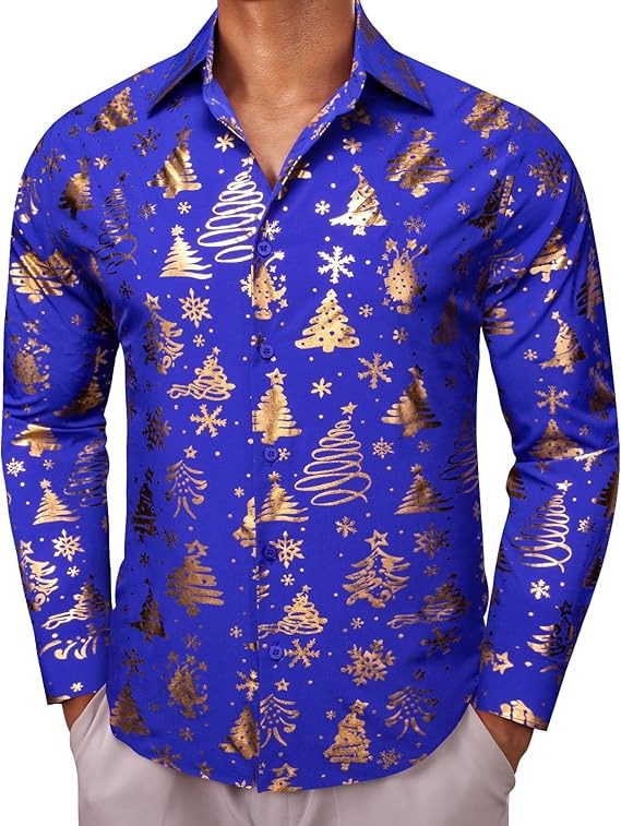 Men's Christmas Dress Shirts Long Sleeve Luxury Shiny Shirt