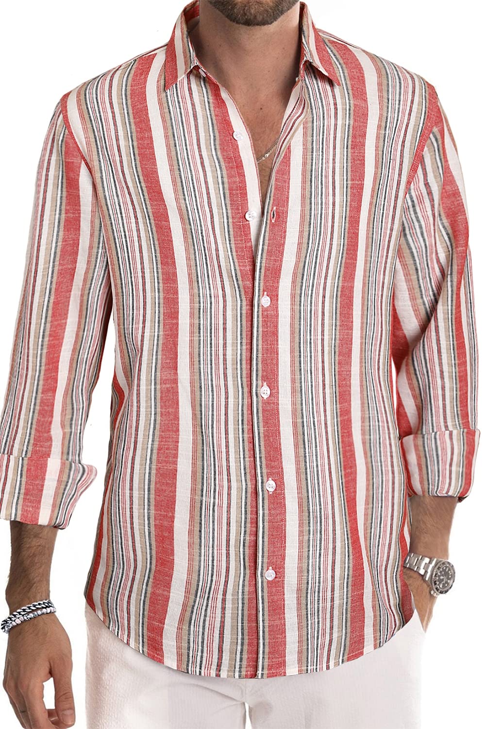 JMIERR Men's Linen Shirts Casual Long Sleeve Button-Down Striped Dress Shirt