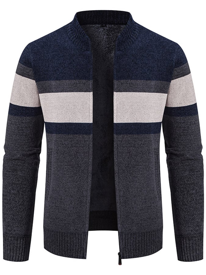 Men's Stylish Contrasting Color Design Velvet Warm Zipper Sweater Jacket
