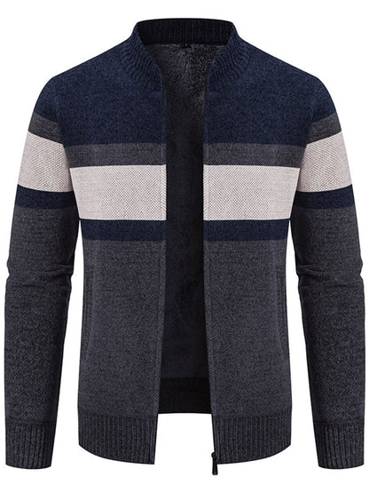 Men's Stylish Contrasting Color Design Velvet Warm Zipper Sweater Jacket