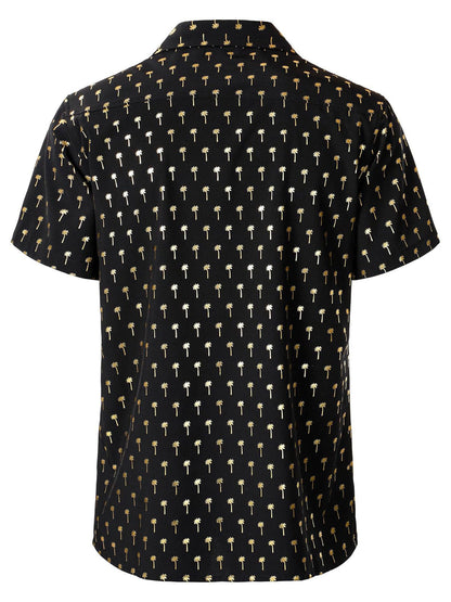 Men's Golden Palm Tree Cuban Collar Short Sleeve Shirt