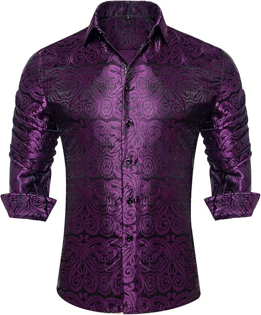 Men's Silk Paisley Dress Shirts,Plum Purple Paisley
