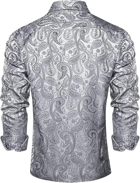 Men's Silk Paisley Dress Shirts,Silver Paisley