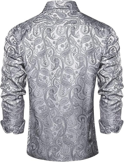 Men's Silk Paisley Dress Shirts,Silver Paisley