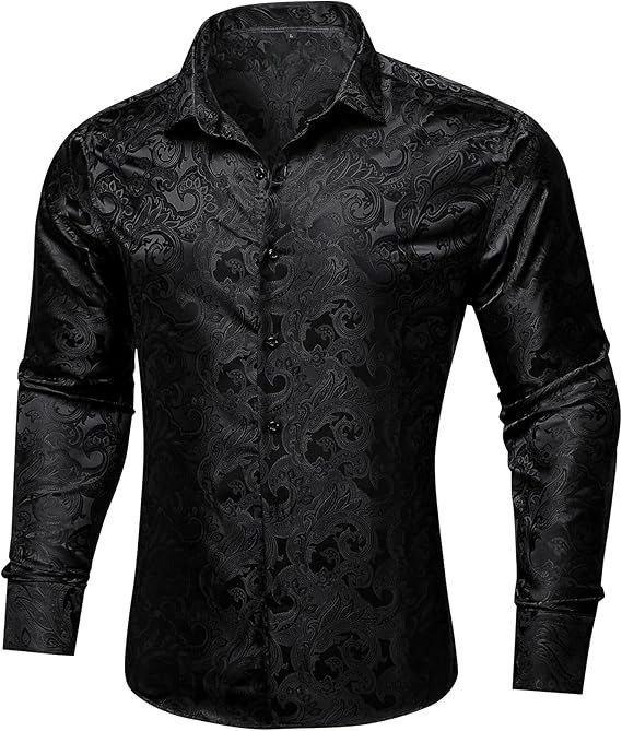 Men's Silk Paisley Dress Shirts,Paisley Black