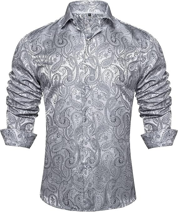 Men's Silk Paisley Dress Shirts,Silver Paisley