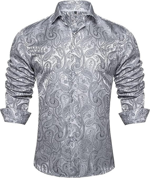 Men's Silk Paisley Dress Shirts,Silver Paisley