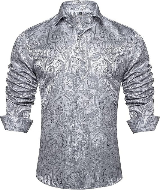 Men's Silk Paisley Dress Shirts,Silver Paisley