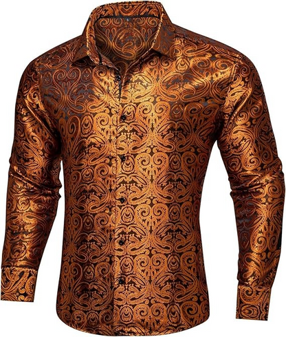 Men's Silk Paisley Dress Shirts,Burnt Orange Paisley