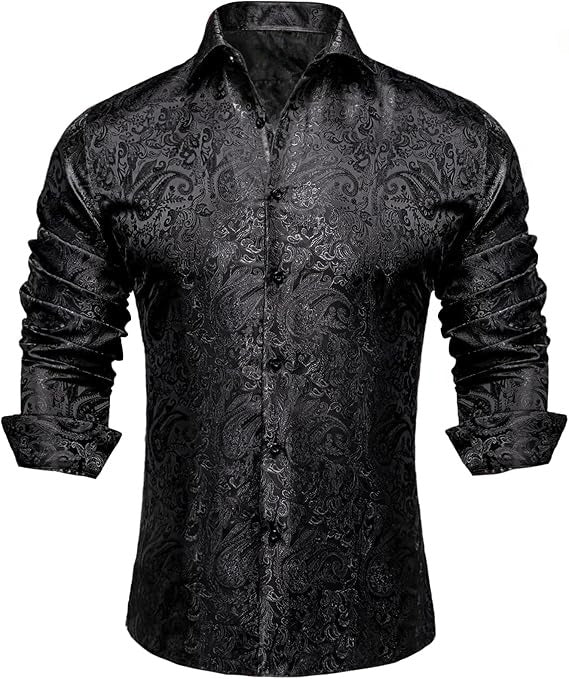 Men's Silk Paisley Dress Shirts,Black Paisley