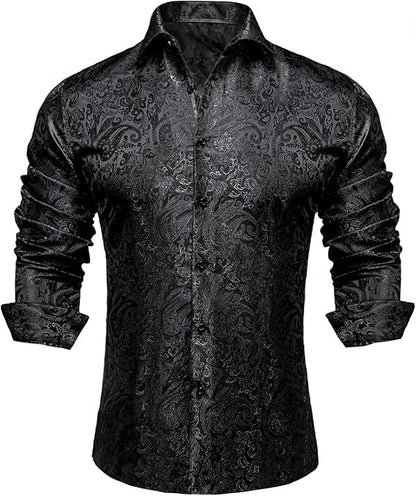 Men's Silk Paisley Dress Shirts,Black Paisley
