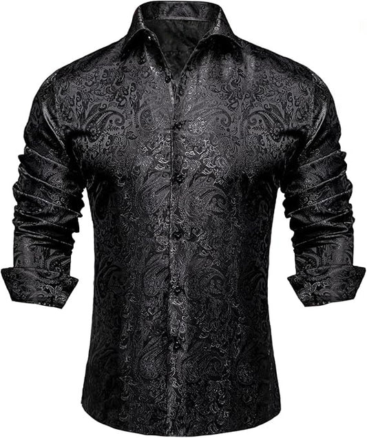 Men's Silk Paisley Dress Shirts,Black Paisley