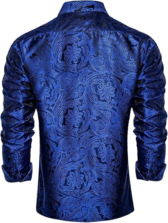 Men's Silk Paisley Dress Shirts,Black Blue Paisley