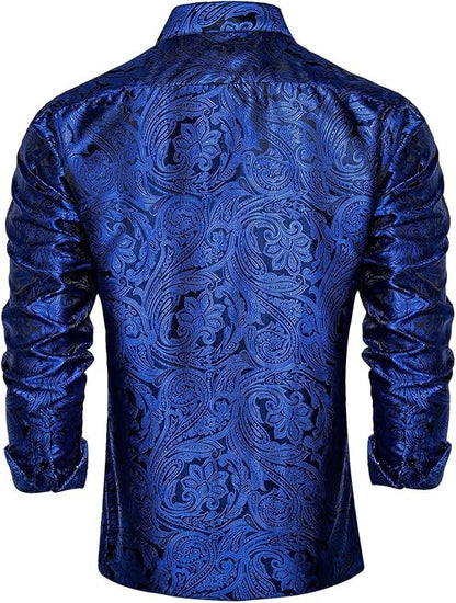 Men's Silk Paisley Dress Shirts,Black Blue Paisley