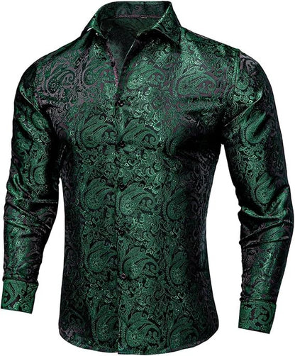 Men's Silk Paisley Dress Shirts,Emerald Green Paisley