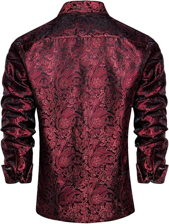 Men's Silk Paisley Dress Shirts,Red Black Paisley