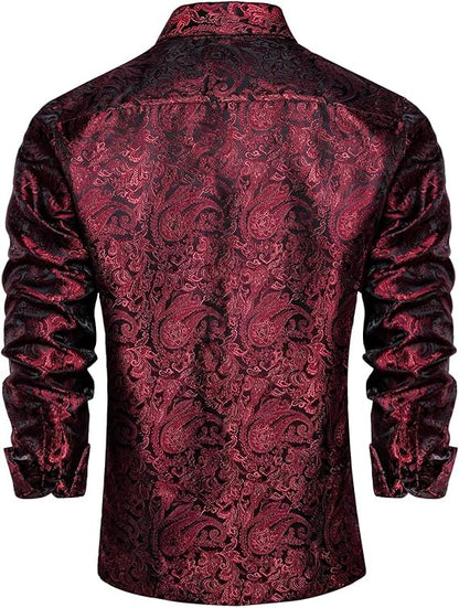 Men's Silk Paisley Dress Shirts,Red Black Paisley