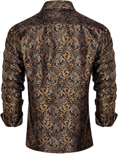 Men's Silk Paisley Dress Shirts,Paisley Gold/Black