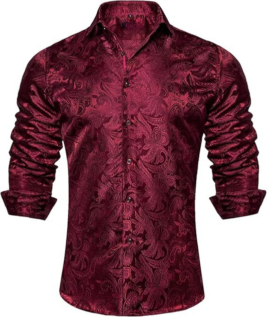 Men's Silk Paisley Dress Shirts,Burgundy Paisley