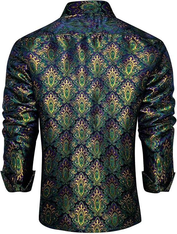 Men's Silk Paisley Dress Shirts,Green Gold