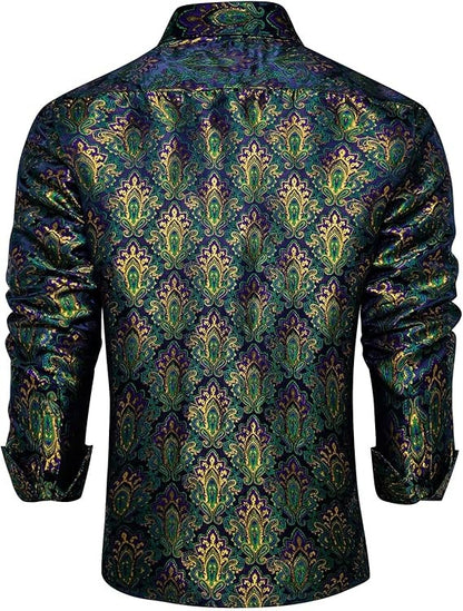 Men's Silk Paisley Dress Shirts,Green Gold