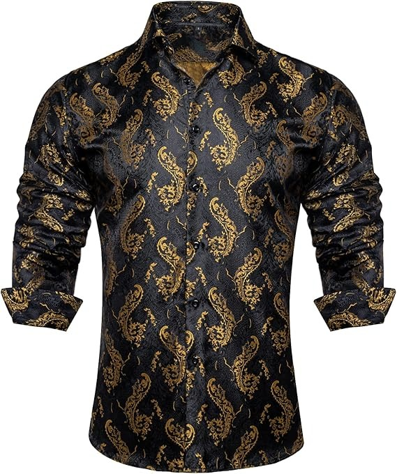 Men's Silk Paisley Dress Shirts,Black Gold