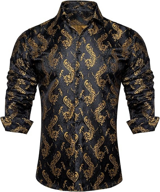 Men's Silk Paisley Dress Shirts,Black Gold