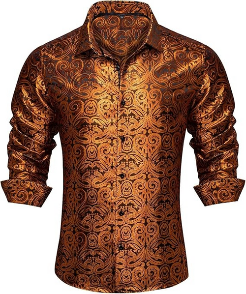 Men's Silk Paisley Dress Shirts,Burnt Orange Paisley