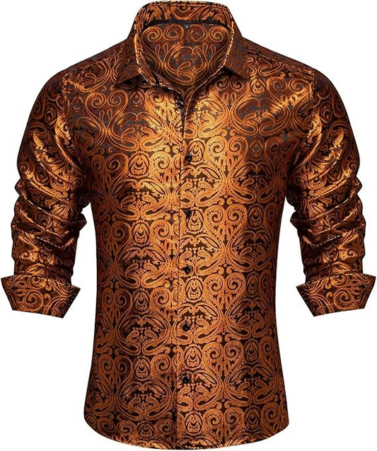Men's Silk Paisley Dress Shirts,Burnt Orange Paisley