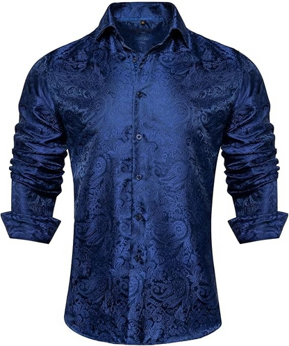 Men's Silk Paisley Dress Shirts,Blue Paisley