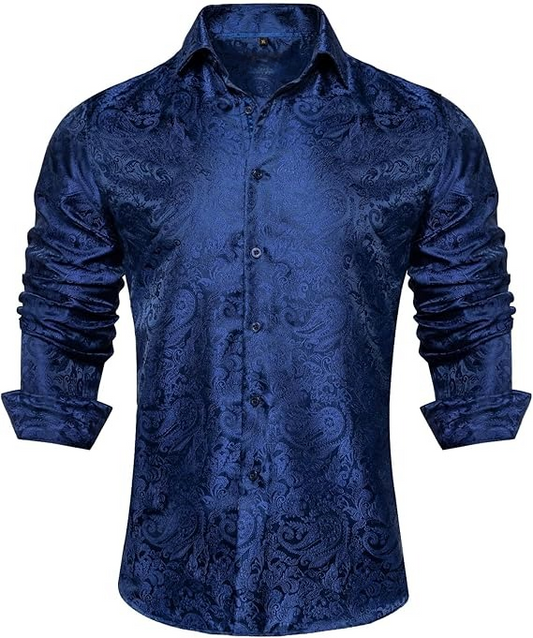 Men's Silk Paisley Dress Shirts,Blue Paisley