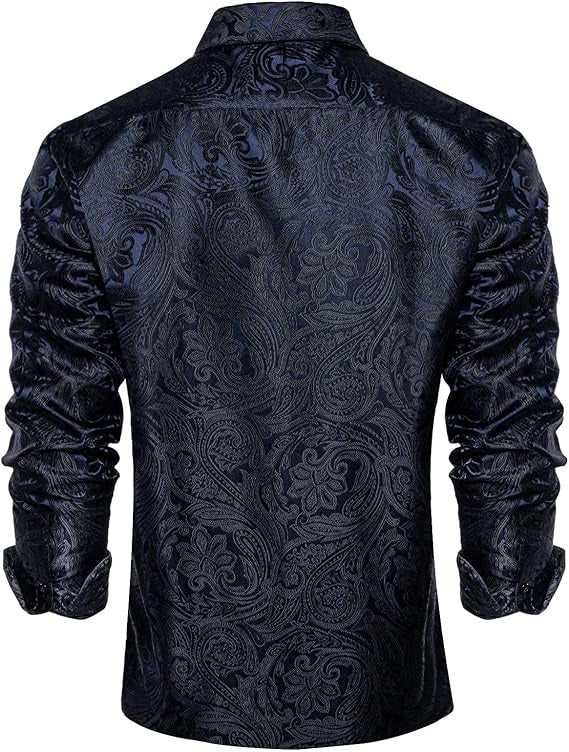 Men's Silk Paisley Dress Shirts,Dark Blue Black Paisley