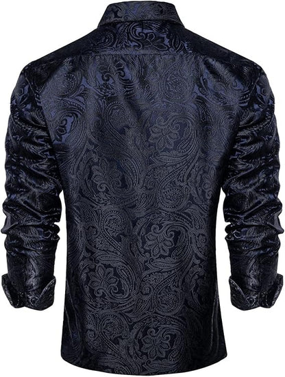 Men's Silk Paisley Dress Shirts,Dark Blue Black Paisley