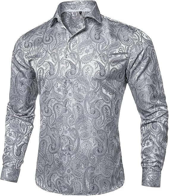 Men's Silk Paisley Dress Shirts,Silver Paisley