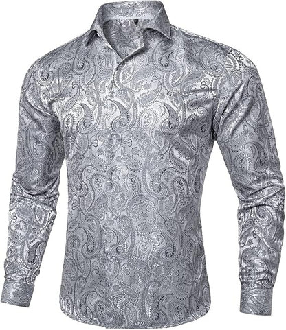 Men's Silk Paisley Dress Shirts,Silver Paisley