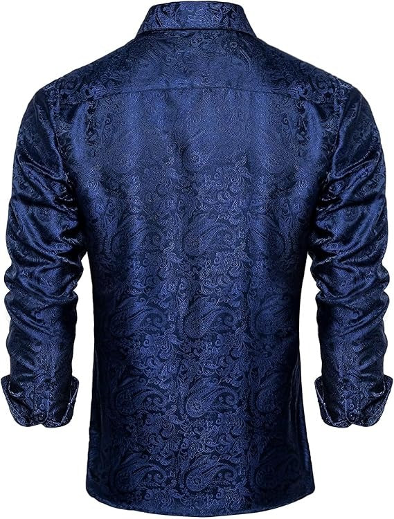 Men's Silk Paisley Dress Shirts,Blue Paisley