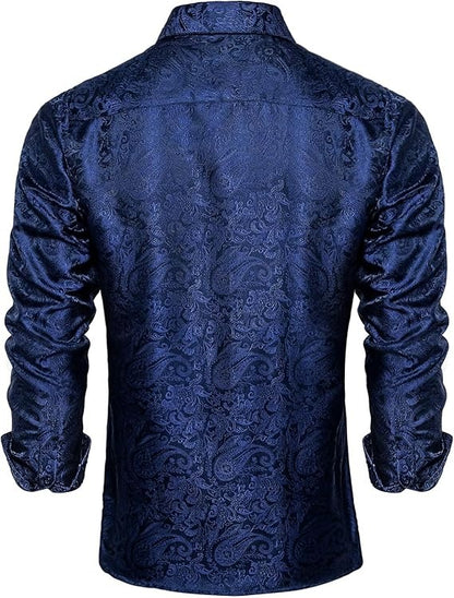 Men's Silk Paisley Dress Shirts,Blue Paisley