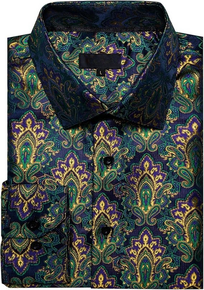 Men's Silk Paisley Dress Shirts,Green Gold
