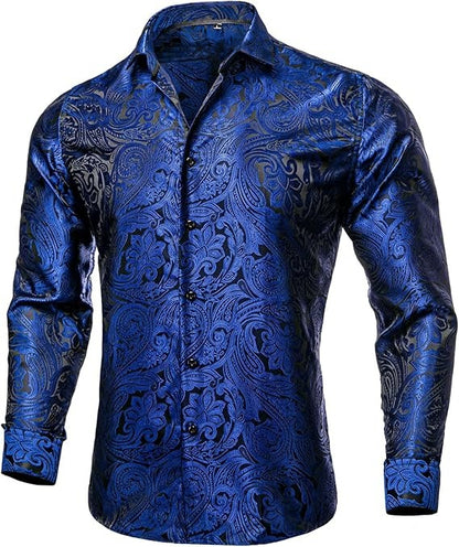 Men's Silk Paisley Dress Shirts,Black Blue Paisley