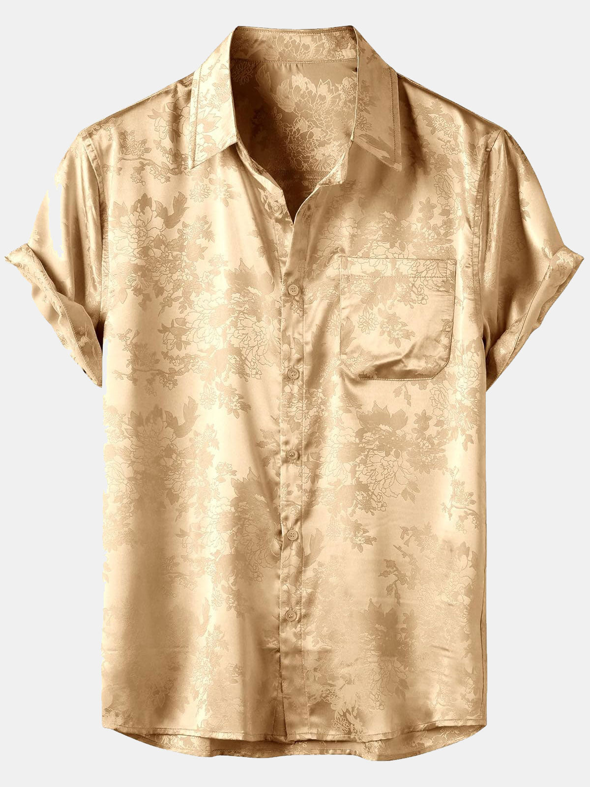 Men's Floral Jacquard Pocket Silky Satin Short Sleeve Shirt