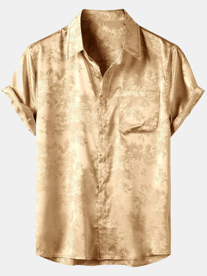 Men's Floral Jacquard Pocket Silky Satin Short Sleeve Shirt