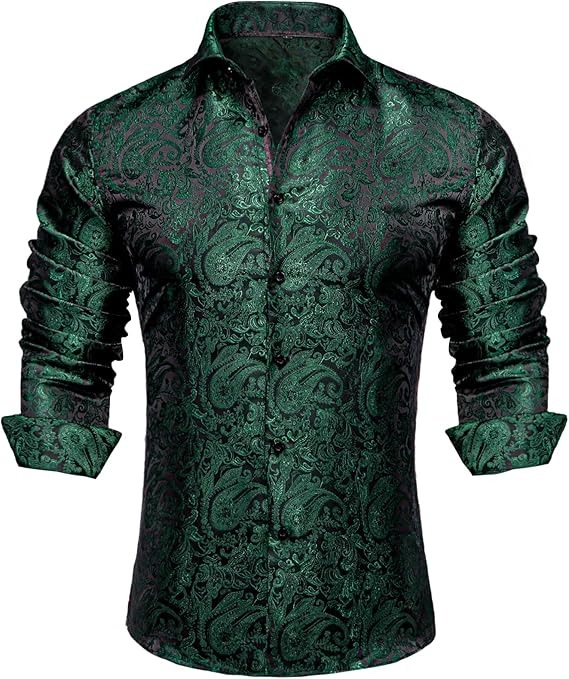 Men's Silk Paisley Dress Shirts,Emerald Green Paisley