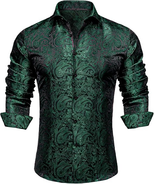 Men's Silk Paisley Dress Shirts,Emerald Green Paisley