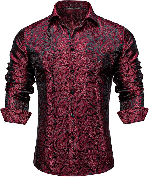 Men's Silk Paisley Dress Shirts,Red Black Paisley