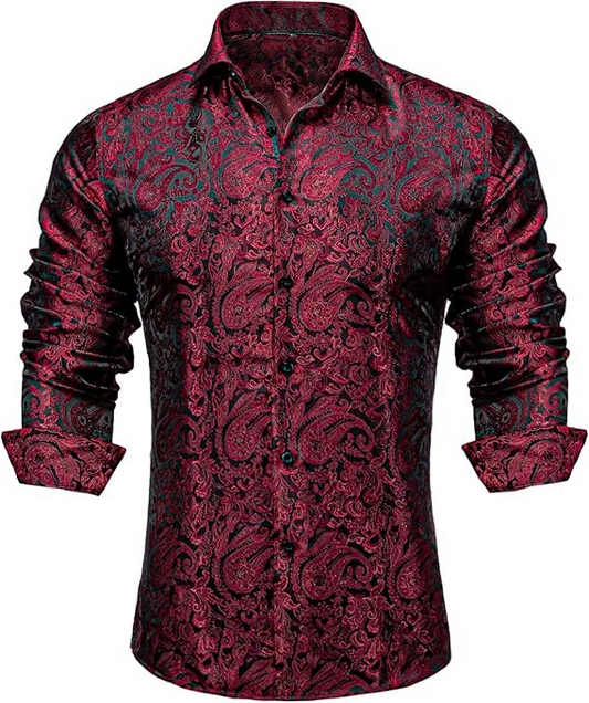 Men's Silk Paisley Dress Shirts,Red Black Paisley