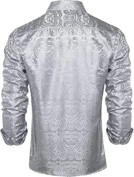 Men's Silk Paisley Dress Shirts,Solid Silver