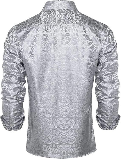 Men's Silk Paisley Dress Shirts,Solid Silver