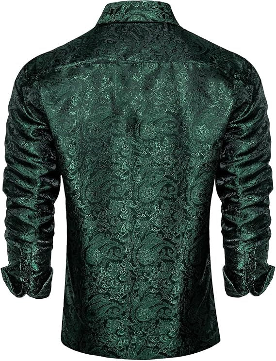 Men's Silk Paisley Dress Shirts,Emerald Green Paisley